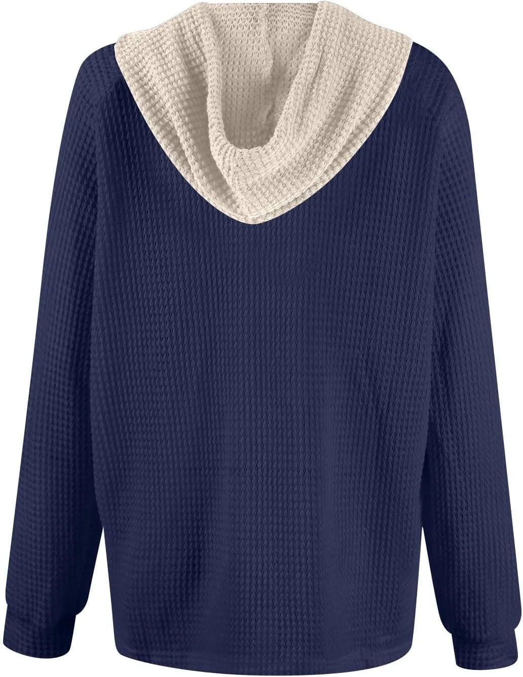Womens Hoodies Pullover Waffle Knit Casual Drawstring Sweatshirt Button V Neck Long Sleeve Hoodie Sweatshirt Tops
