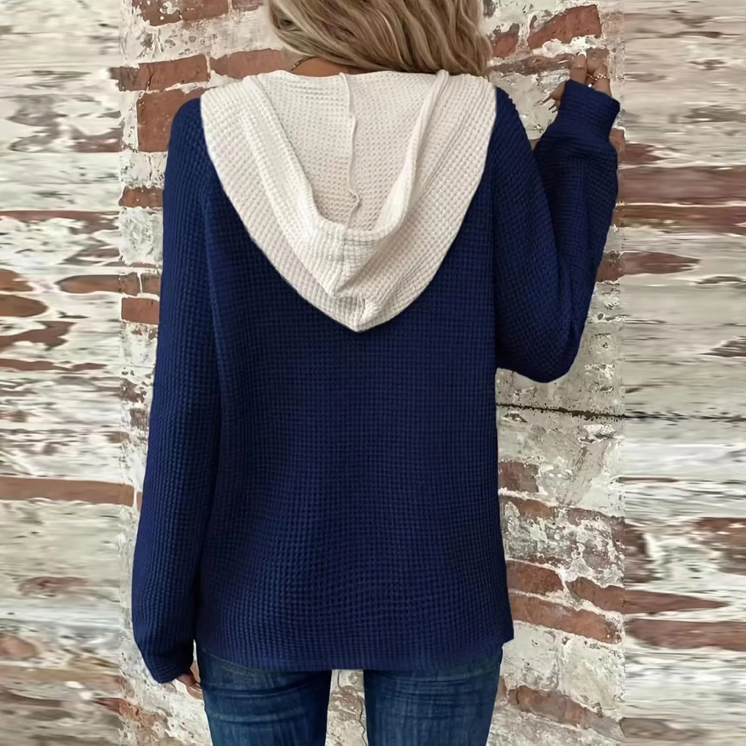 Womens Hoodies Pullover Waffle Knit Casual Drawstring Sweatshirt Button V Neck Long Sleeve Hoodie Sweatshirt Tops