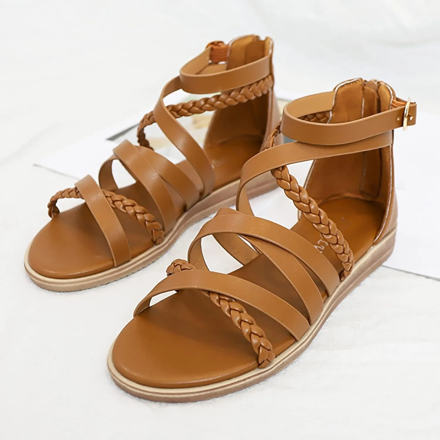 Women's Large Size Summer Woven Bohemian Back Zipper Sandals Water Shoes for Women Comfortable Sandals