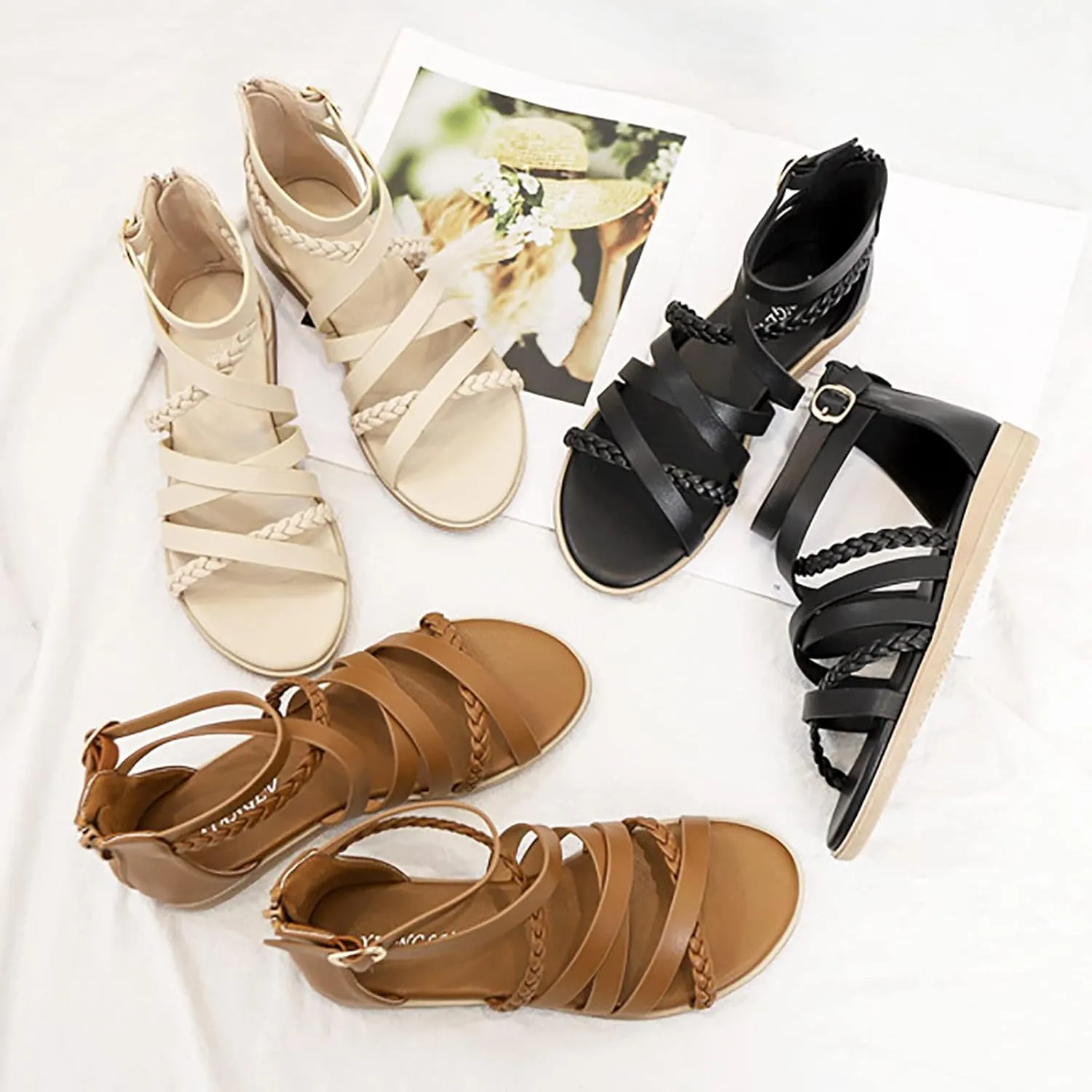 Women's Large Size Summer Woven Bohemian Back Zipper Sandals Water Shoes for Women Comfortable Sandals