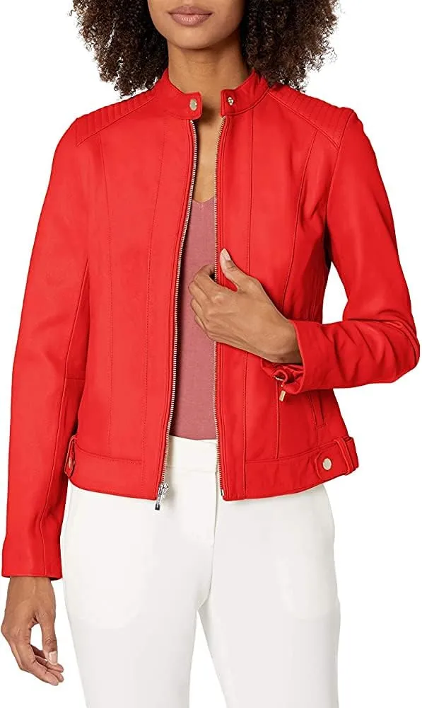 Women's Leather Jacket Real Lambskin Leather Jacket with Quilted Panels (RED, X-LARGE)