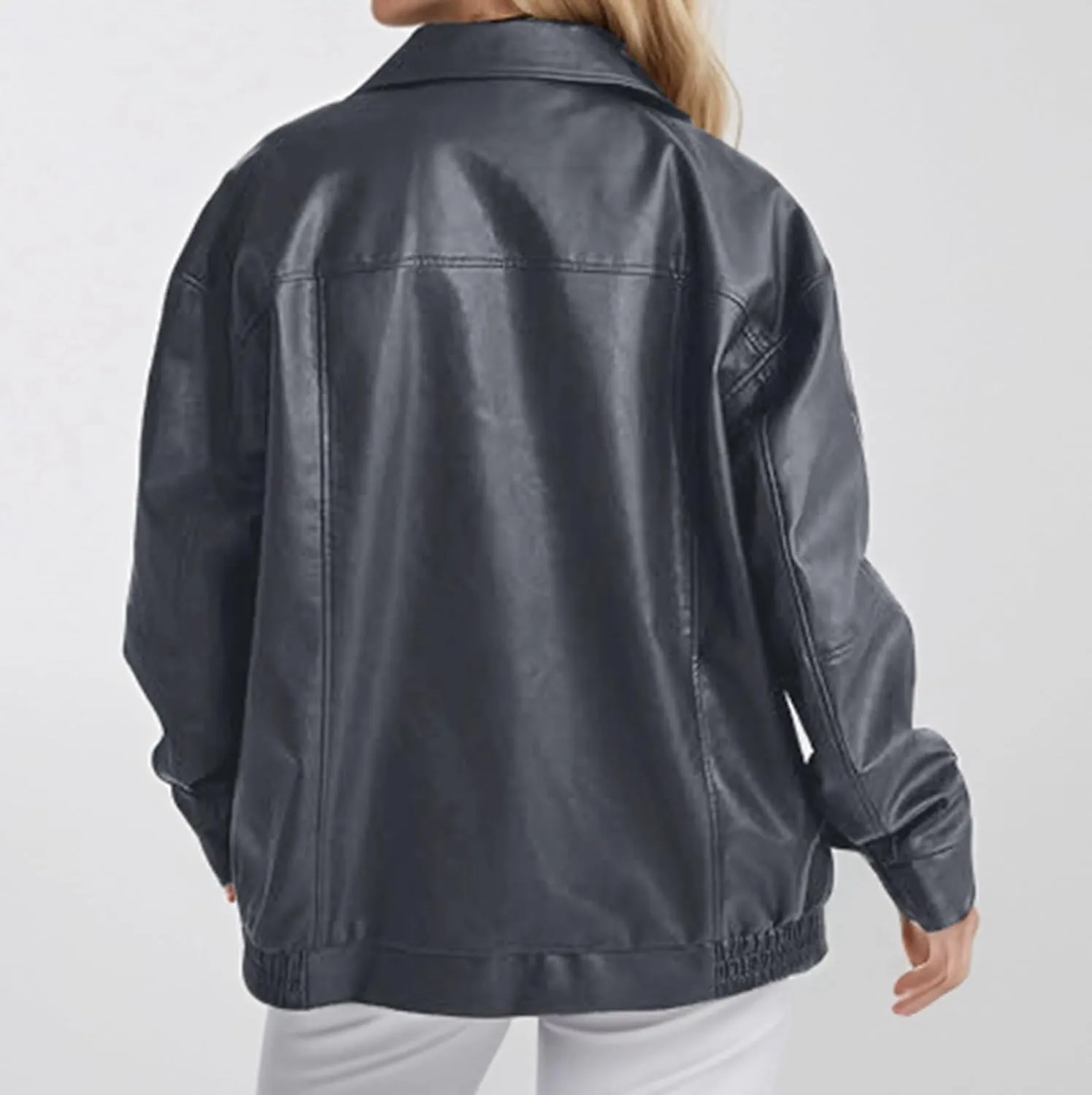 Womens Leather Jackets Full Zip Up Long Sleeve Casual Motorcycle Outwear Fashion Solid Color Loose Fit Lightweight Coats