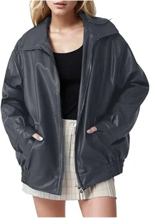 Womens Leather Jackets Full Zip Up Long Sleeve Casual Motorcycle Outwear Fashion Solid Color Loose Fit Lightweight Coats