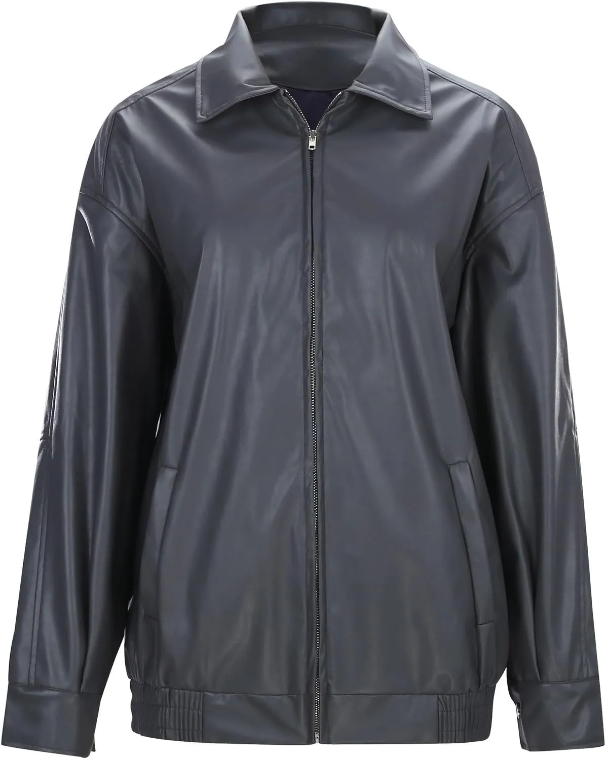 Womens Leather Jackets Full Zip Up Long Sleeve Casual Motorcycle Outwear Fashion Solid Color Loose Fit Lightweight Coats