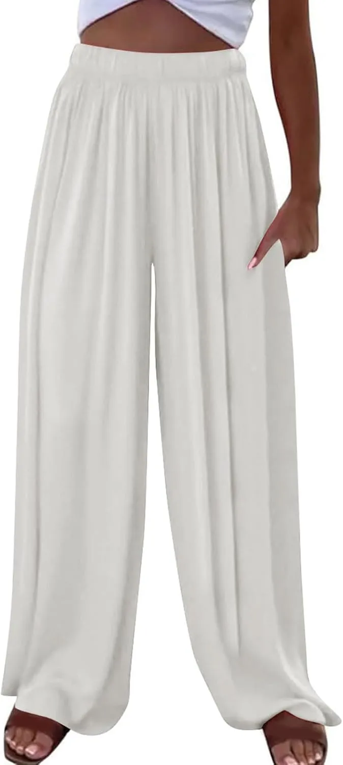 Womens Lightweight Wide Leg Culottes Pants Plus Elastic High Waist Pleated Pant Casual Vacation Beach Palazzo Trousers