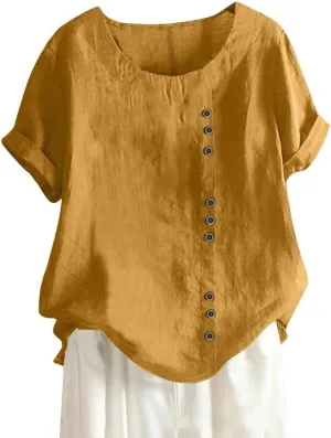 Womens Lined Tops Going Out Casual Short Sleeve Summer Tee Shirts Button Down Crewneck Solid Dressy Blouses