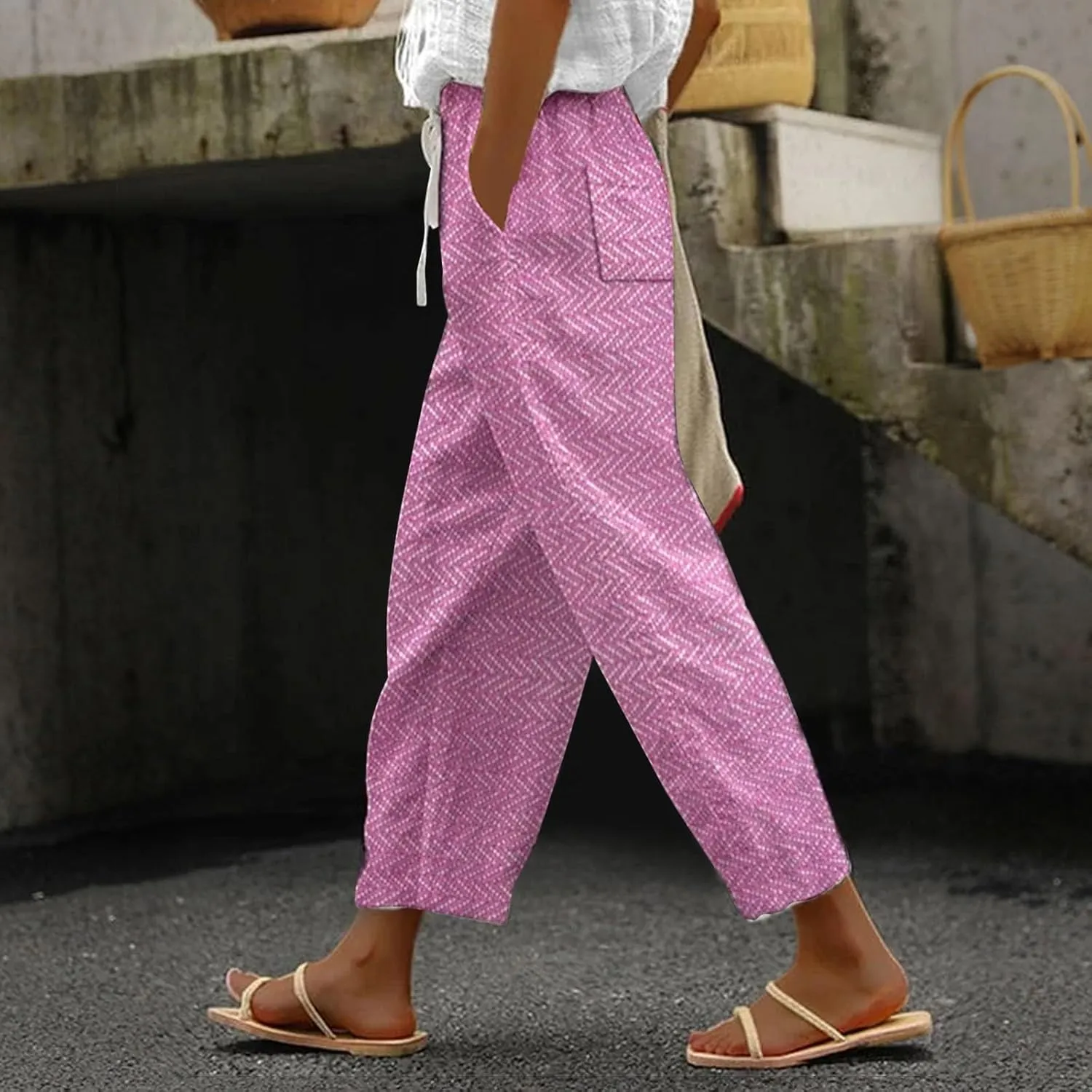 Womens Linen Pants with Pockets Casual Pants Elastic Waist Loose Women Capri Pants for Lightweight Pants Pants for