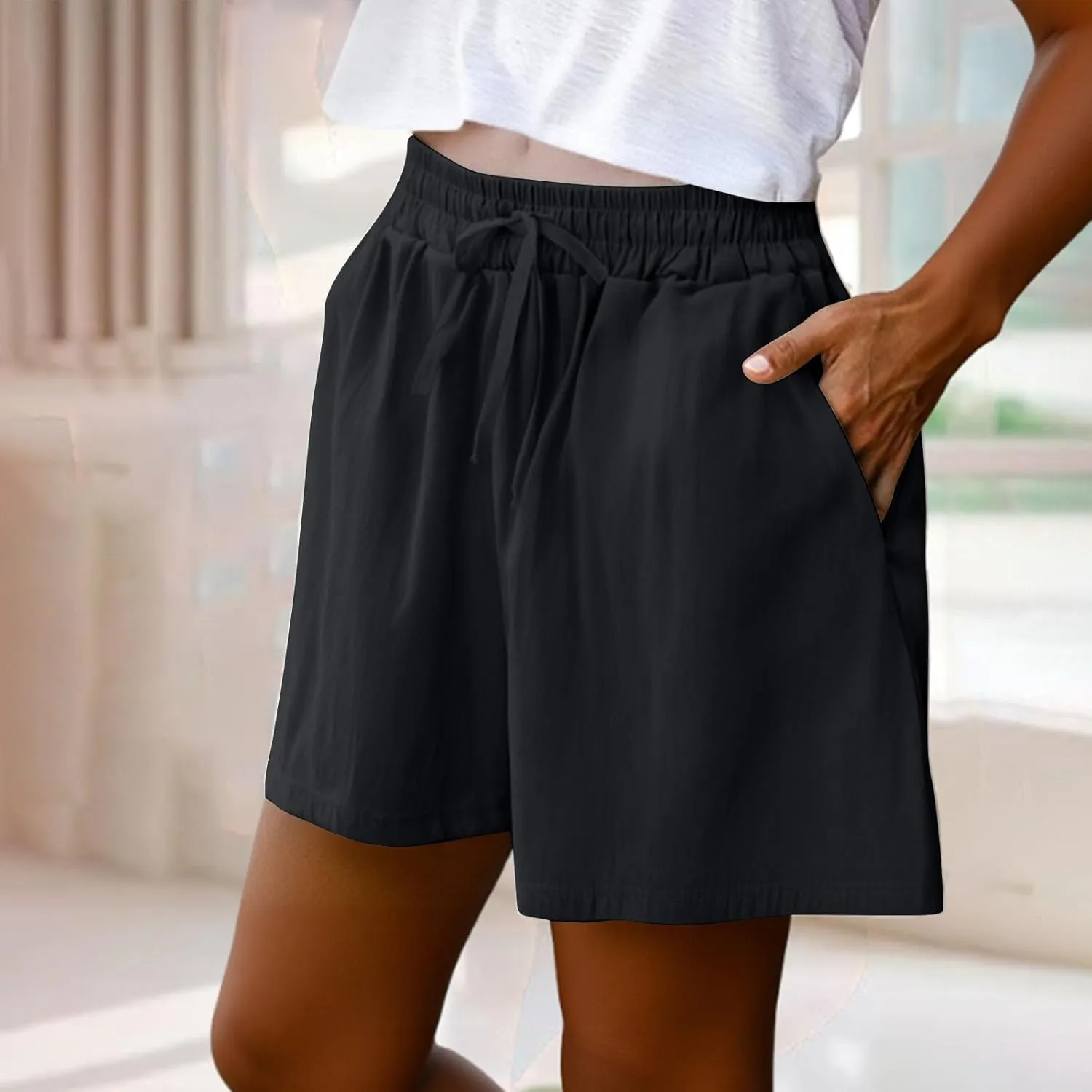 Women's Linen Shorts High Waisted Pleated Casual Bermuda Pants Lightweight Loose Wide Leg Workout Short with Pockets