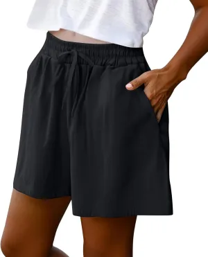 Women's Linen Shorts High Waisted Pleated Casual Bermuda Pants Lightweight Loose Wide Leg Workout Short with Pockets