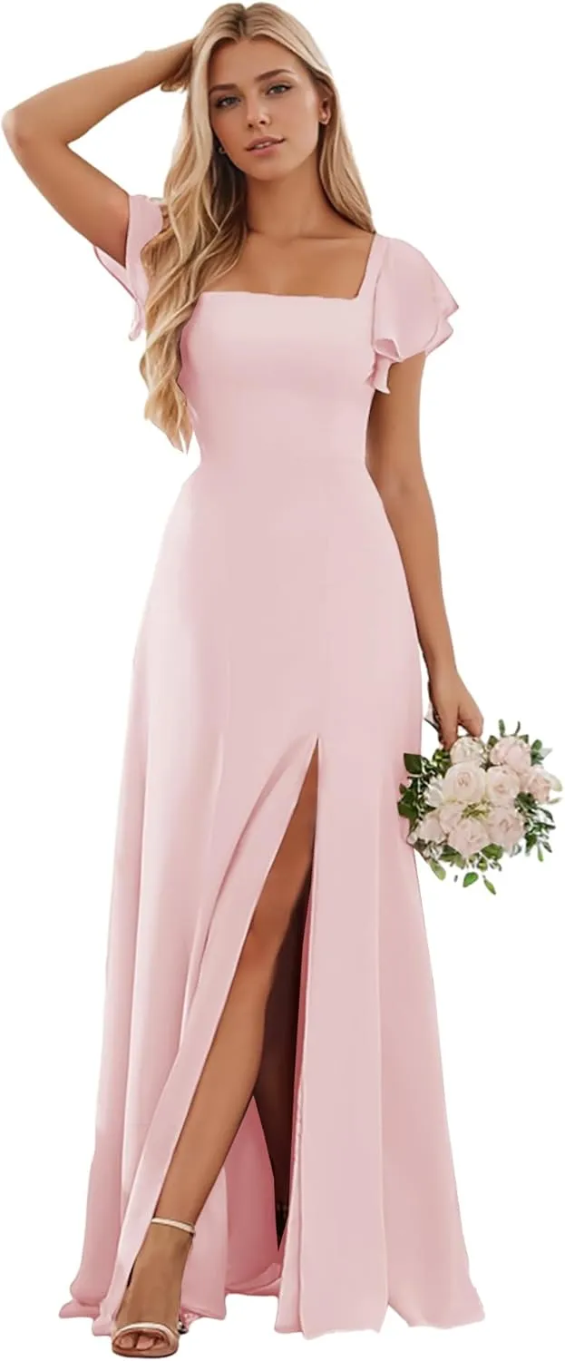 Women's Long Bridesmaid Dresses with Sleeves Chiffon Formal Dress for Wedding Guest Corset Evening Gown