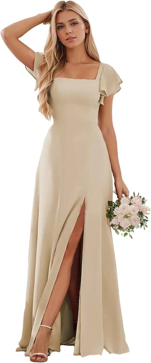 Women's Long Bridesmaid Dresses with Sleeves Chiffon Formal Dress for Wedding Guest Corset Evening Gown