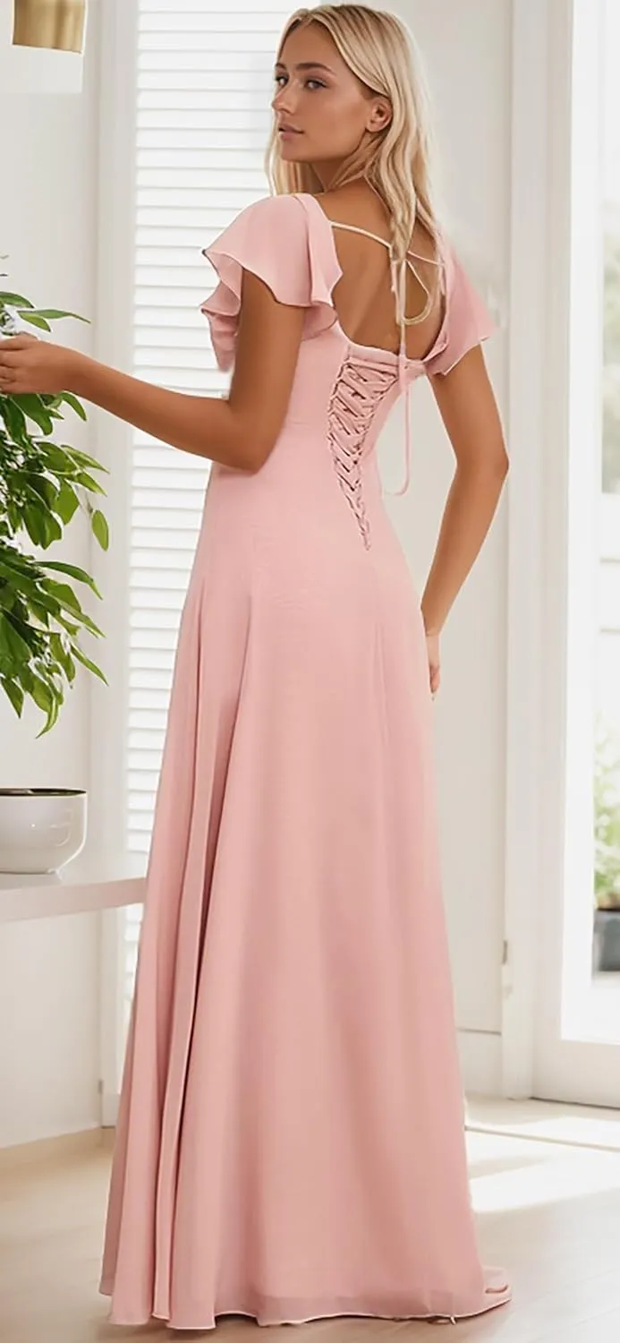 Women's Long Bridesmaid Dresses with Sleeves Chiffon Formal Dress for Wedding Guest Corset Evening Gown