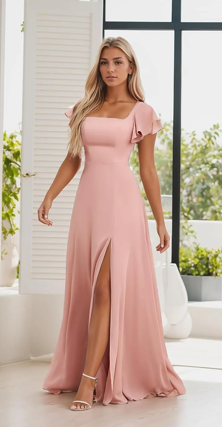 Women's Long Bridesmaid Dresses with Sleeves Chiffon Formal Dress for Wedding Guest Corset Evening Gown