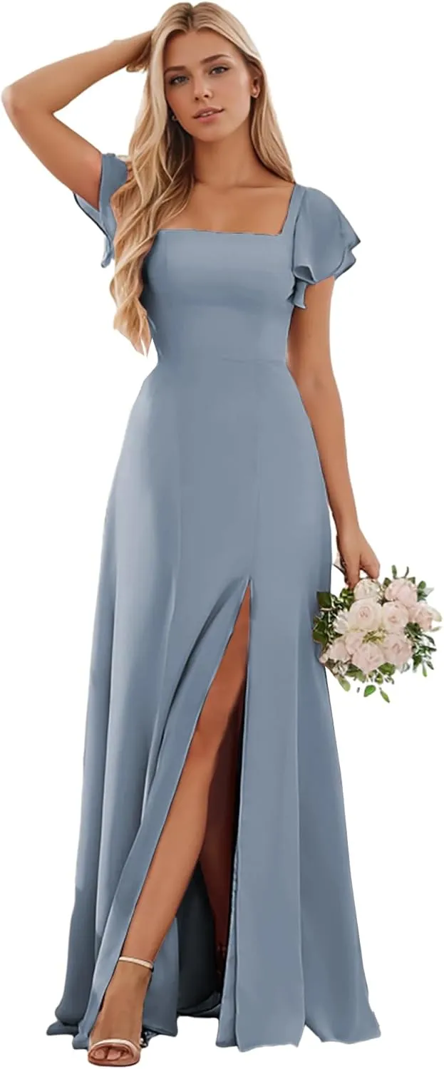 Women's Long Bridesmaid Dresses with Sleeves Chiffon Formal Dress for Wedding Guest Corset Evening Gown