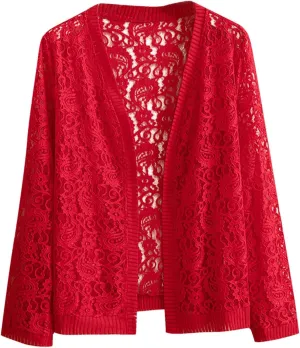 Women's Long Sleeve Lace Cardigan Casual Open Front Floral Lace Shrug Lightweight Summer Cover Up for Evening Dresses