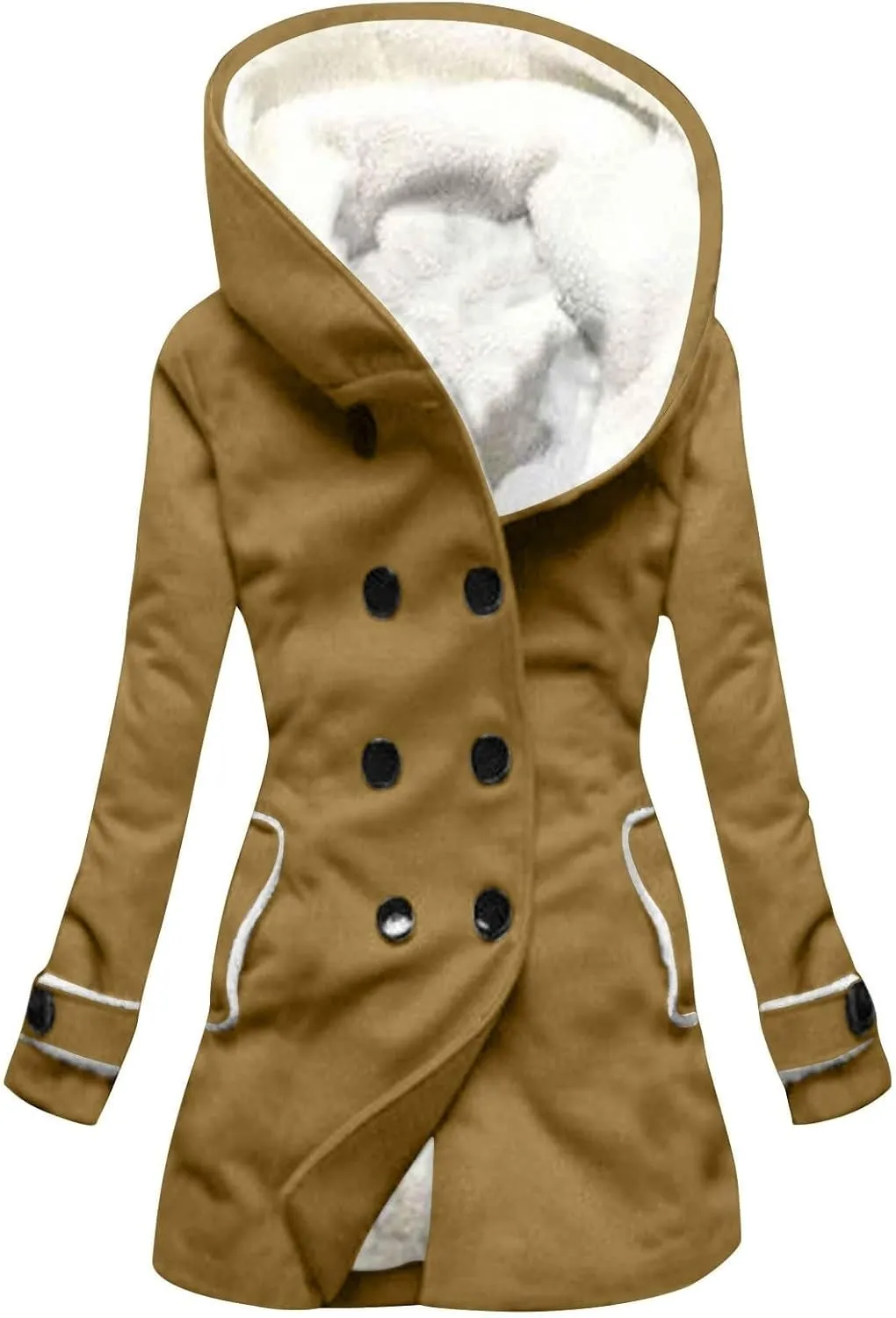 Women's Long Sleeve Winter Coat Warm Shaggy Down Hooded Button Down Coat Jacket