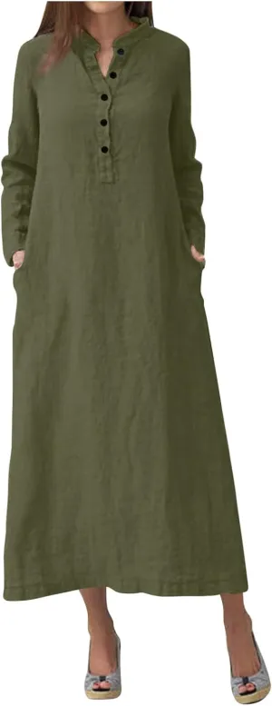 Women's Maxi Dresses 2025 Casual Loose Trendy Long Sleeve Button Down Collar Solid Vacation Dress Plus Size, S-5XL