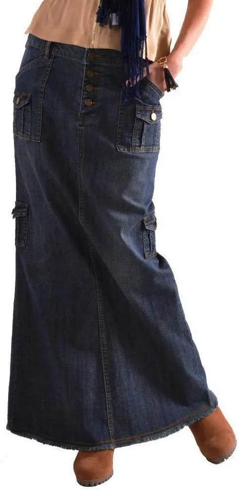 Women's Maxi Pencil Jean Skirts High Waist A-Line Denim Skirts for Ladies Blue Button Pockets Long Jean Skirt
