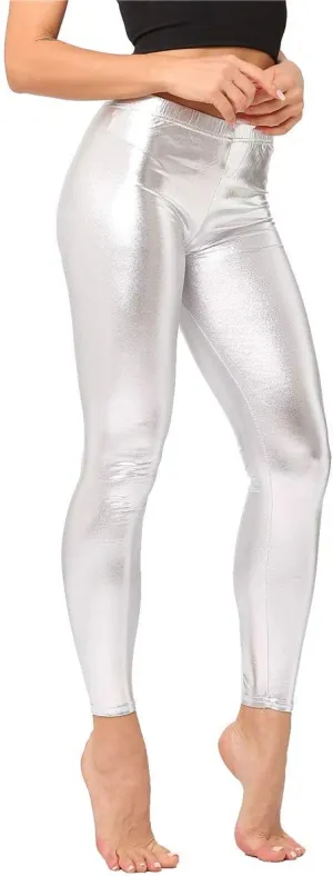 Womens Metallic Leather Look Leggings Elastic Skinny Leggings Pants for Clubwear Outfit Theme Party Costume