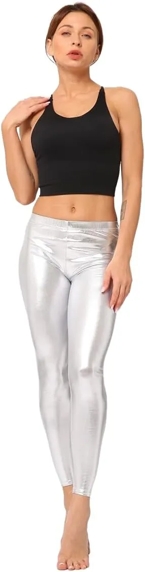 Womens Metallic Leather Look Leggings Elastic Skinny Leggings Pants for Clubwear Outfit Theme Party Costume