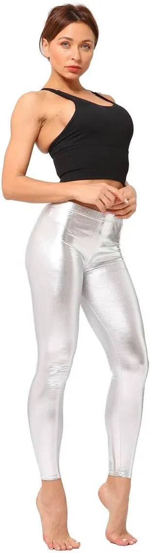 Womens Metallic Leather Look Leggings Elastic Skinny Leggings Pants for Clubwear Outfit Theme Party Costume