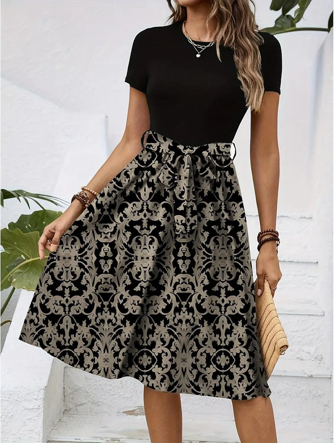 Womens Midi Dress Spring Summer Short Sleeve Petite Dresses 2025 Ladies Casual Plus Size Floral T-Shirt Flowy Beach Sundress