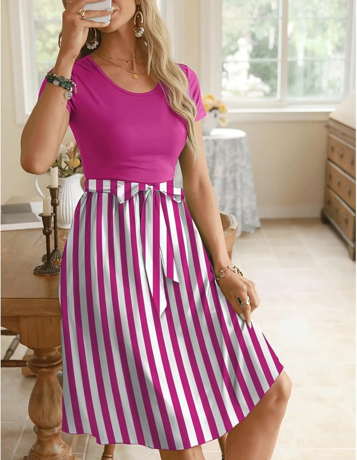 Womens Midi Dress Spring Summer Short Sleeve Petite Dresses 2025 Ladies Casual Plus Size Floral T-Shirt Flowy Beach Sundress