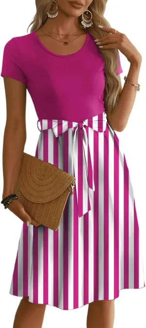 Womens Midi Dress Spring Summer Short Sleeve Petite Dresses 2025 Ladies Casual Plus Size Floral T-Shirt Flowy Beach Sundress