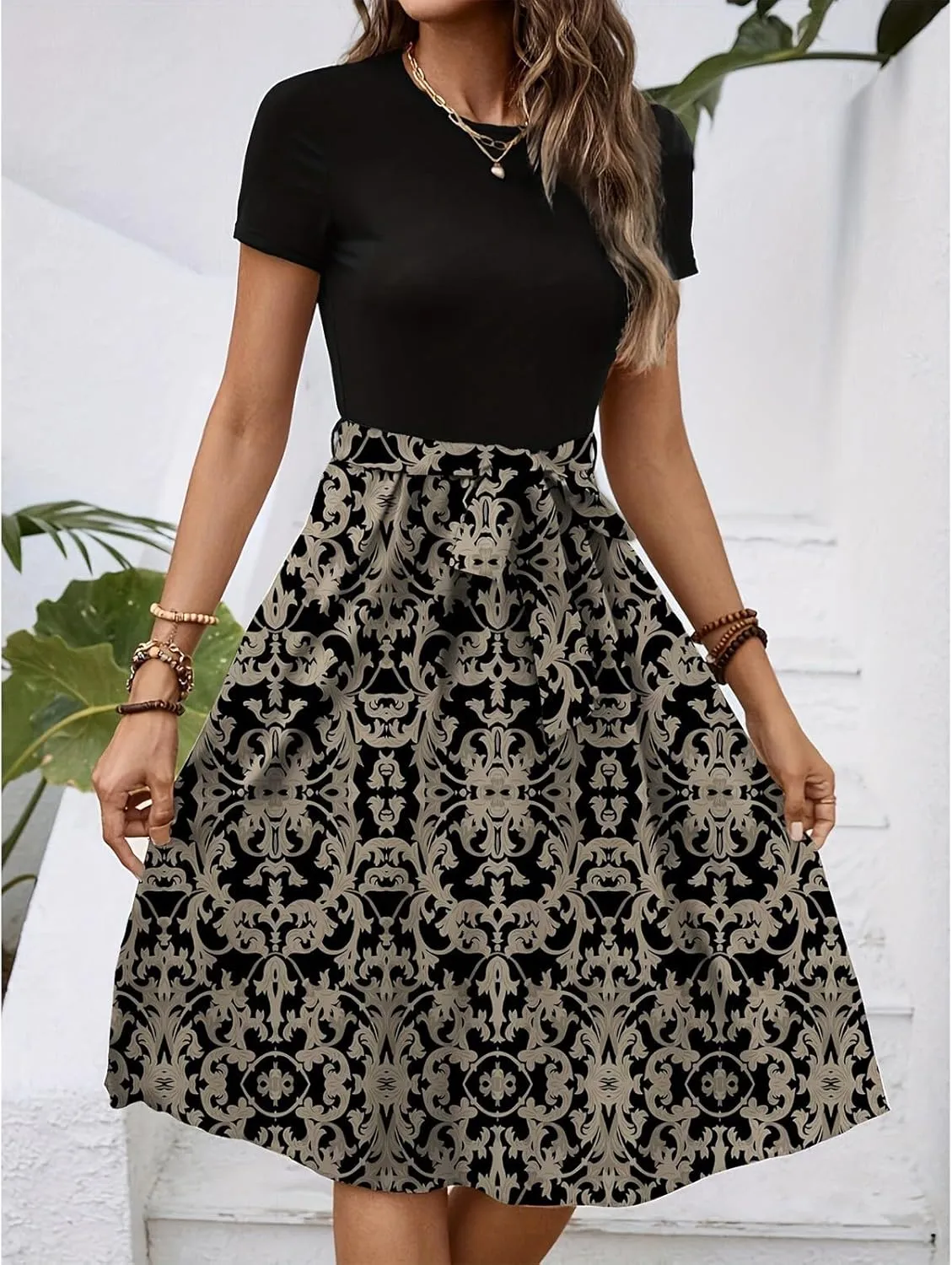 Womens Midi Dress Spring Summer Short Sleeve Petite Dresses 2025 Ladies Casual Plus Size Floral T-Shirt Flowy Beach Sundress