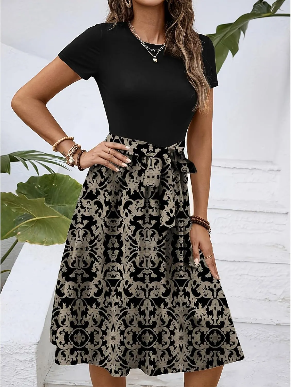 Womens Midi Dress Spring Summer Short Sleeve Petite Dresses 2025 Ladies Casual Plus Size Floral T-Shirt Flowy Beach Sundress