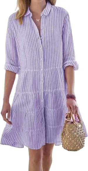 Womens Mini Dress Summer Striped Lapel Button Down Long Sleeve Dresses Casual Tummy Control A Lien Beach Sundress
