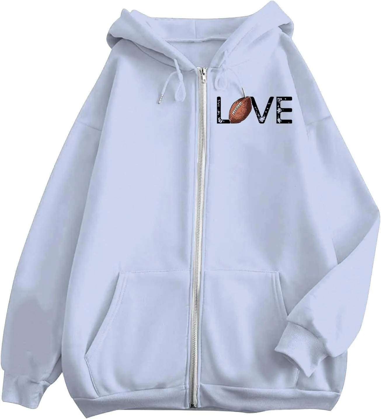 Women's Novelty Letter Print Zip Up Hoodies Hip Hop Basic Autumn Winter Oversized Baggy Drawstring Pullover with Pockets