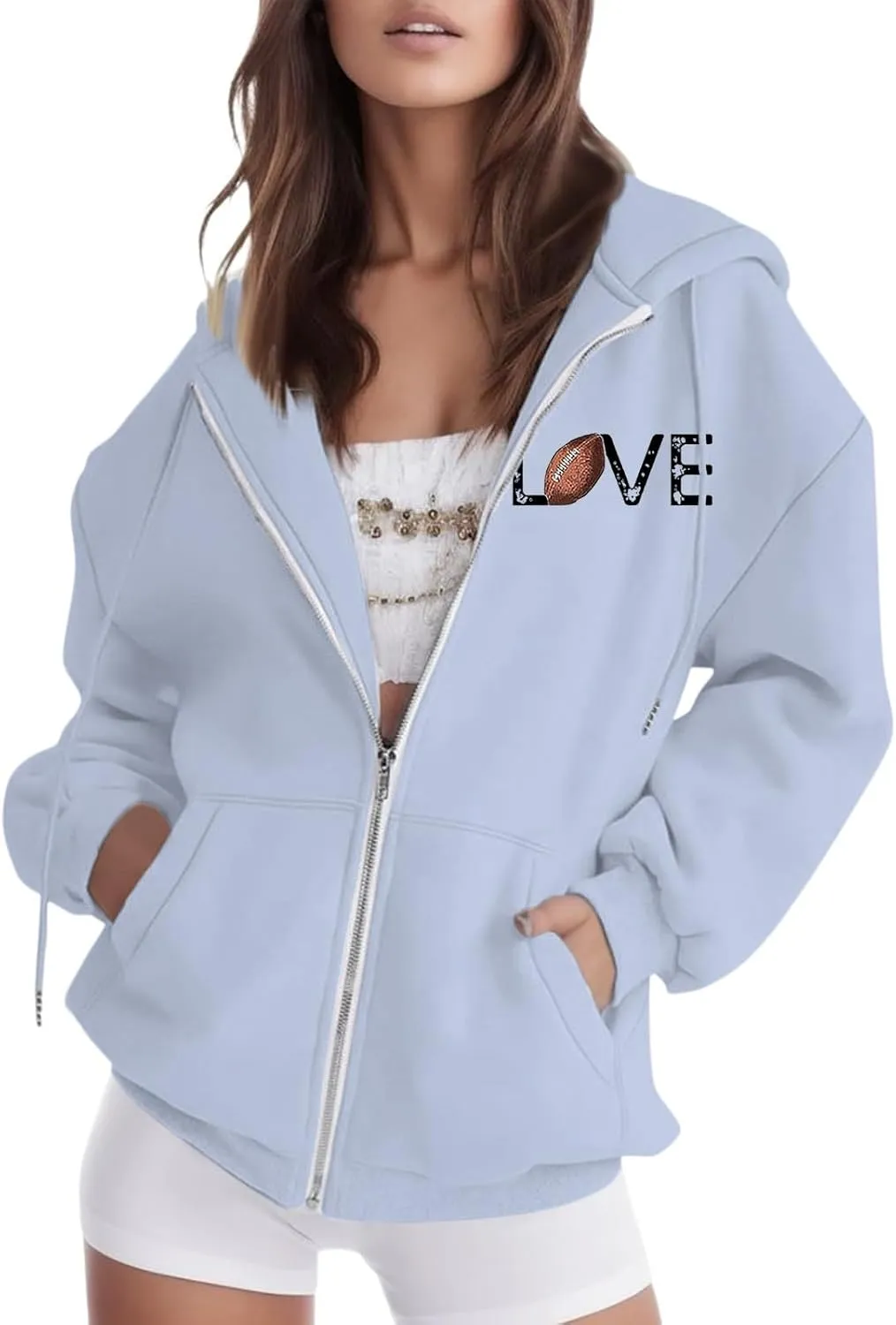 Women's Novelty Letter Print Zip Up Hoodies Hip Hop Basic Autumn Winter Oversized Baggy Drawstring Pullover with Pockets