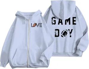 Women's Novelty Letter Print Zip Up Hoodies Hip Hop Basic Autumn Winter Oversized Baggy Drawstring Pullover with Pockets