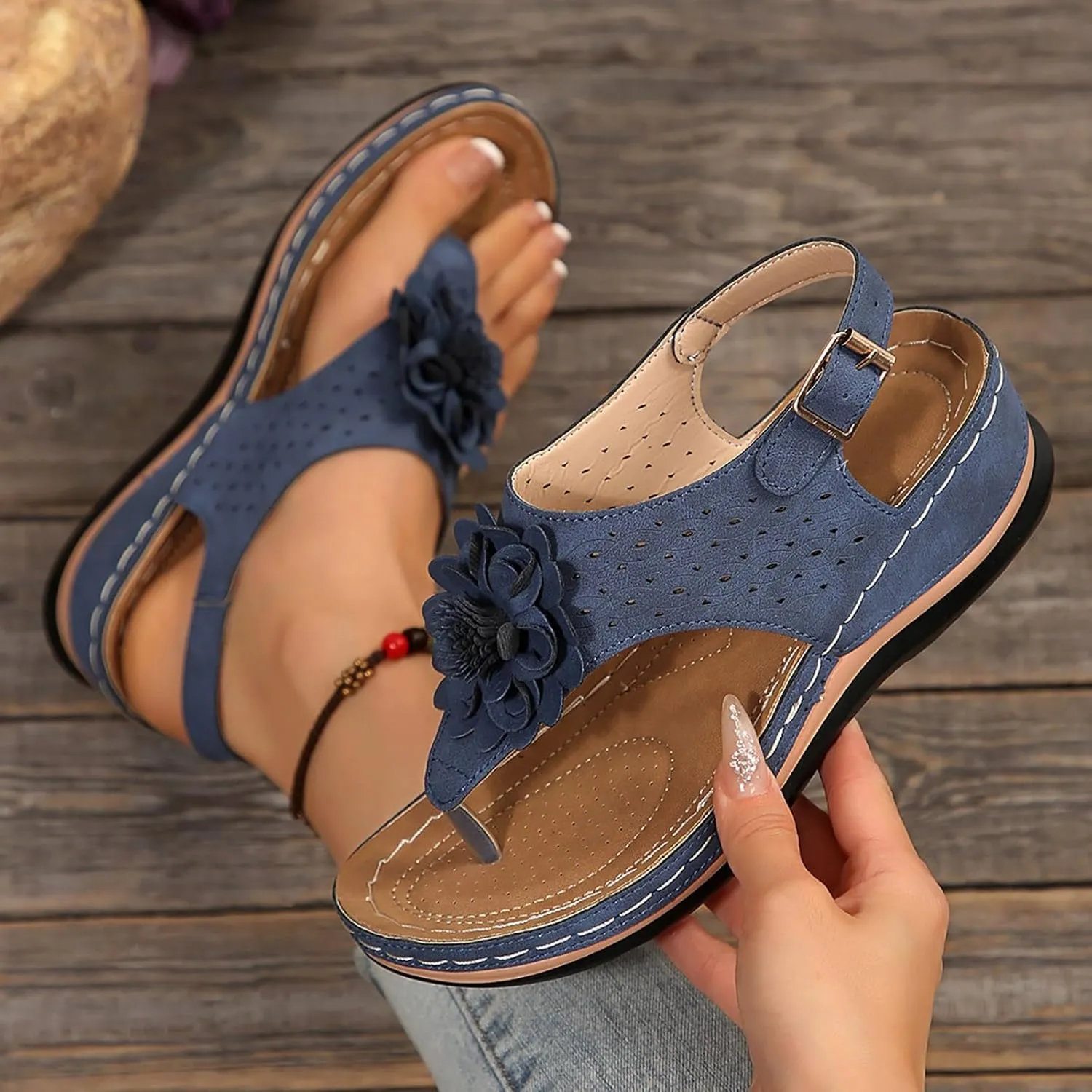 Womens Orthopedic Sandals Wedge Platform Thong Flip Flops Slippers Summer Boho Casual Slingback Buckle Strap Sandals