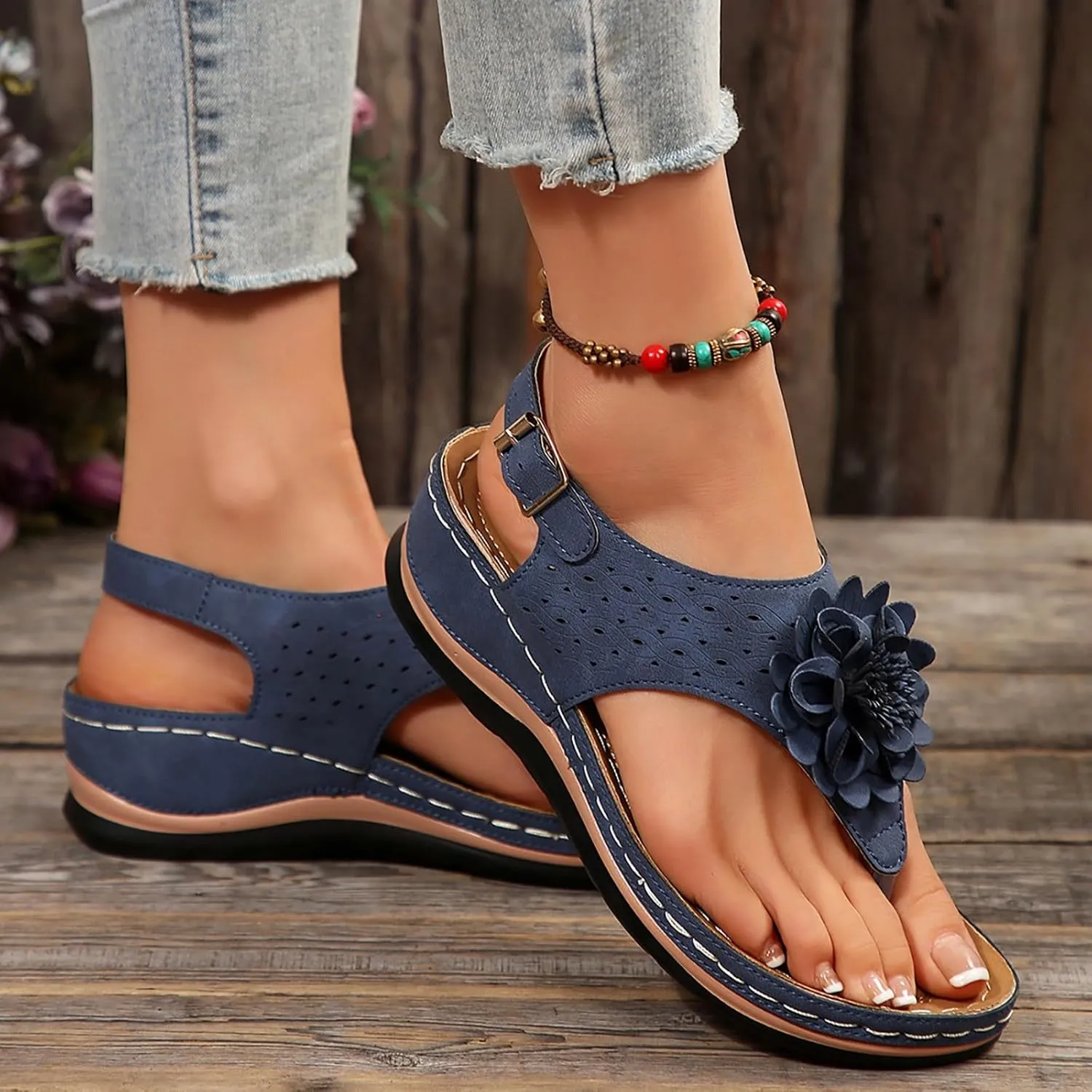 Womens Orthopedic Sandals Wedge Platform Thong Flip Flops Slippers Summer Boho Casual Slingback Buckle Strap Sandals