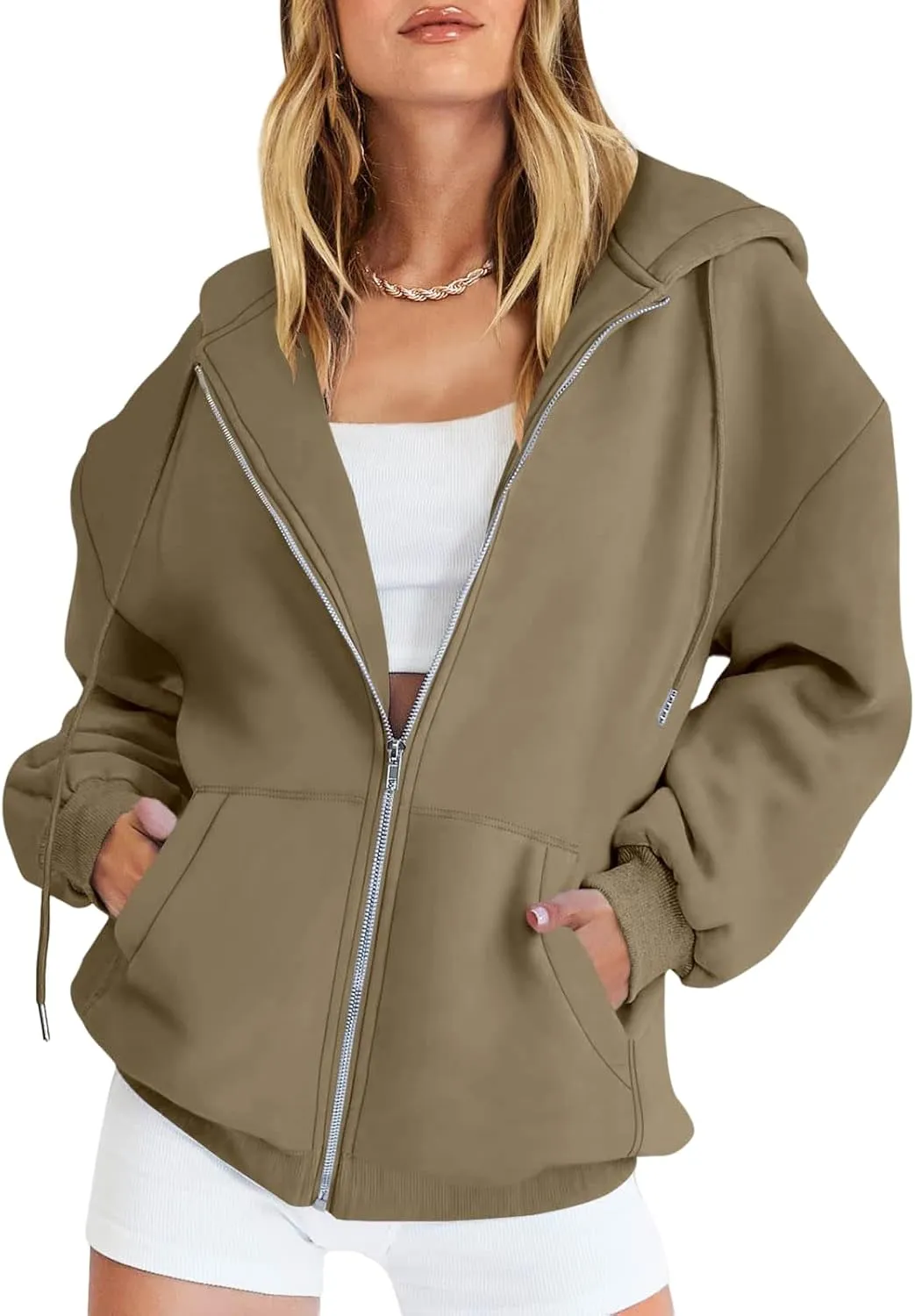 Women's Oversized Casual Full Zip Up Y2K Hoodies Sweatshirts Plush Comfy Loose Solid Long Sleeve Jacket with Pockets