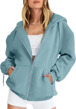 Women's Oversized Casual Full Zip Up Y2K Hoodies Sweatshirts Plush Comfy Loose Solid Long Sleeve Jacket with Pockets