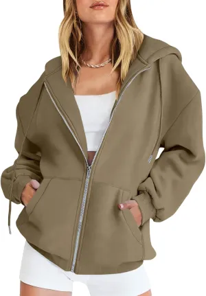 Women's Oversized Casual Full Zip Up Y2K Hoodies Sweatshirts Plush Comfy Loose Solid Long Sleeve Jacket with Pockets