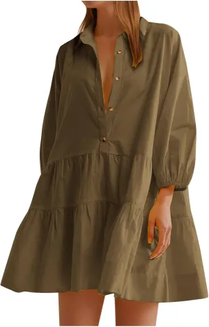 Women's Oversized Collared Mini Dresses Puff Sleeve Tiered Tunic Babydoll Dress Cute Button Down Flowy Shirt Dress