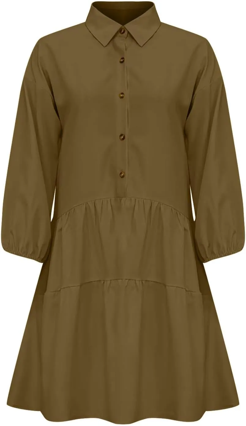 Women's Oversized Collared Mini Dresses Puff Sleeve Tiered Tunic Babydoll Dress Cute Button Down Flowy Shirt Dress