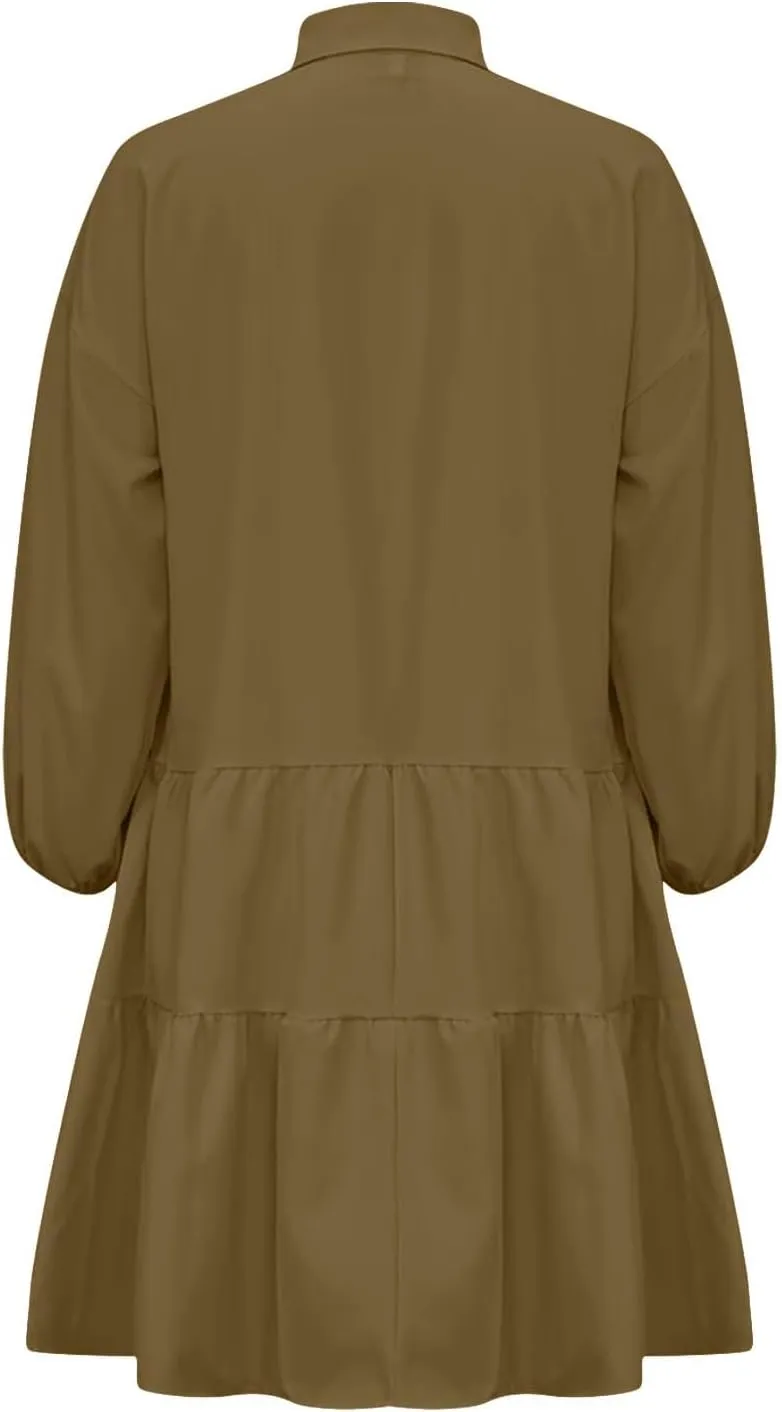 Women's Oversized Collared Mini Dresses Puff Sleeve Tiered Tunic Babydoll Dress Cute Button Down Flowy Shirt Dress