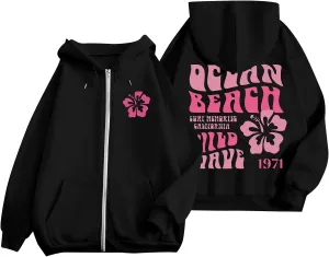 Women's Oversized Full Zip Hoodies Y2K Cute Preppy Graphic Zip Up Sweat Jackets For Teen Girls with Pockets