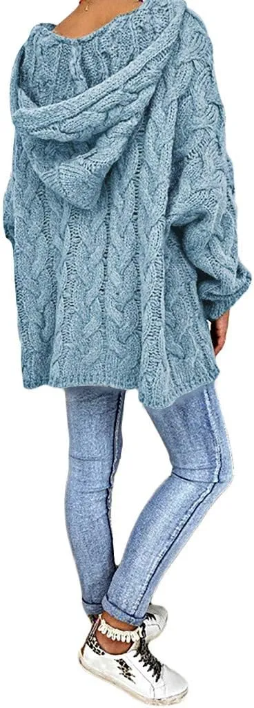 Womens Oversized Hooded Sweater Chunky Cable Knit Pullover Tops Long Sleeve Loose Fit Simple Solid Fall Hoodies