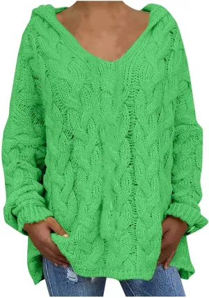 Womens Oversized Hooded Sweater Chunky Cable Knit Pullover Tops Long Sleeve Loose Fit Simple Solid Fall Hoodies