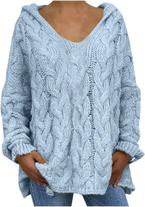 Womens Oversized Hooded Sweater Chunky Cable Knit Pullover Tops Long Sleeve Loose Fit Simple Solid Fall Hoodies