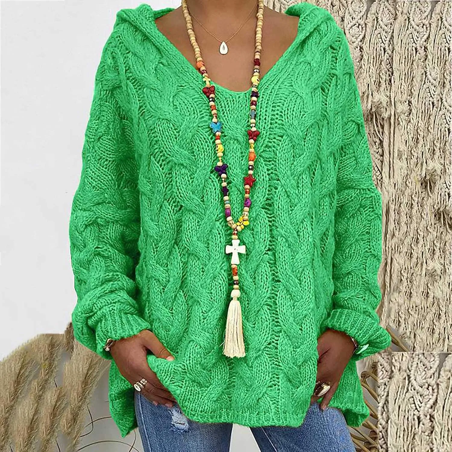 Womens Oversized Hooded Sweater Chunky Cable Knit Pullover Tops Long Sleeve Loose Fit Simple Solid Fall Hoodies