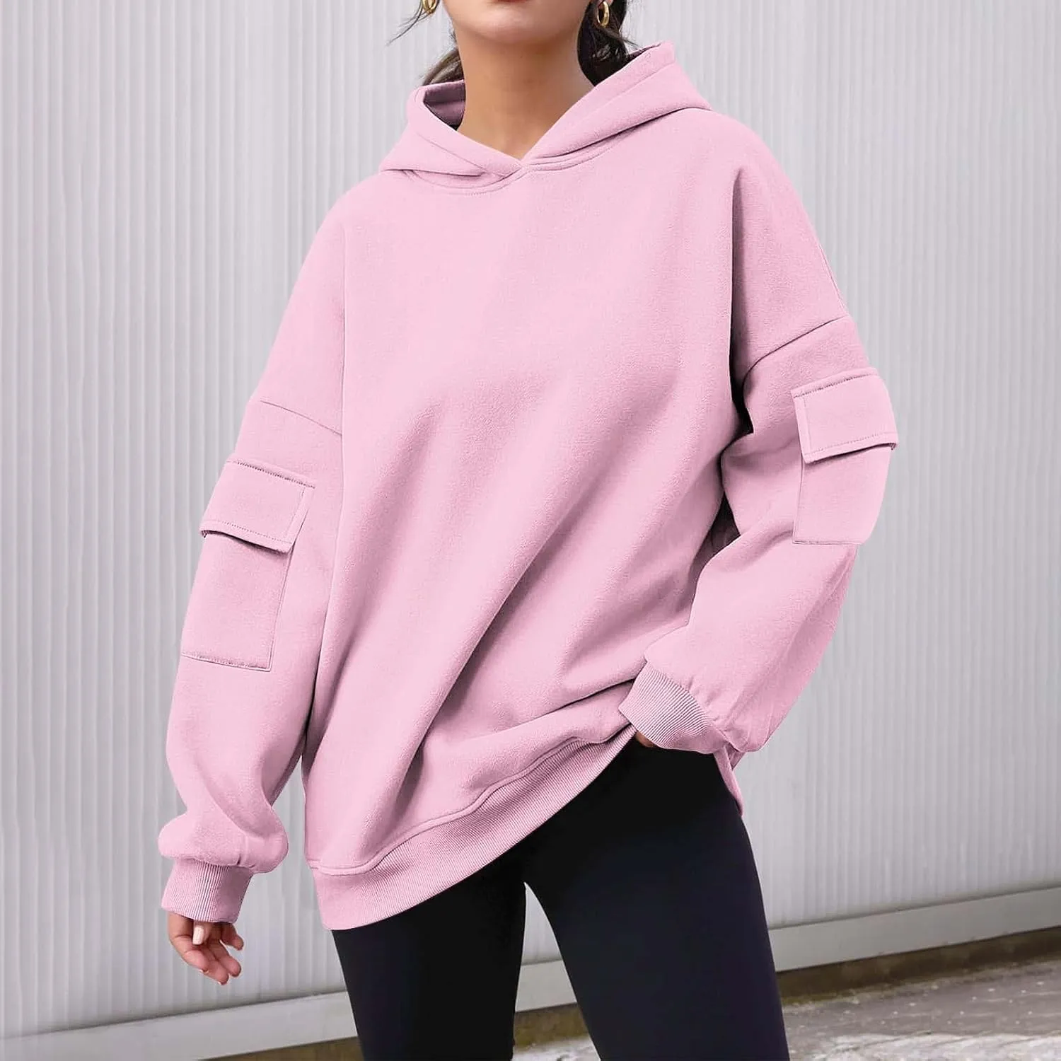 Womens Oversized Hoodies Pullover Fleece Long Sleeve Hooded Sweatshirts with Pockets Solid Color Casual Cute Sweaters