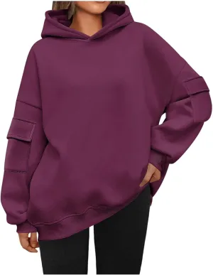 Womens Oversized Hoodies Pullover Fleece Long Sleeve Hooded Sweatshirts with Pockets Solid Color Casual Cute Sweaters