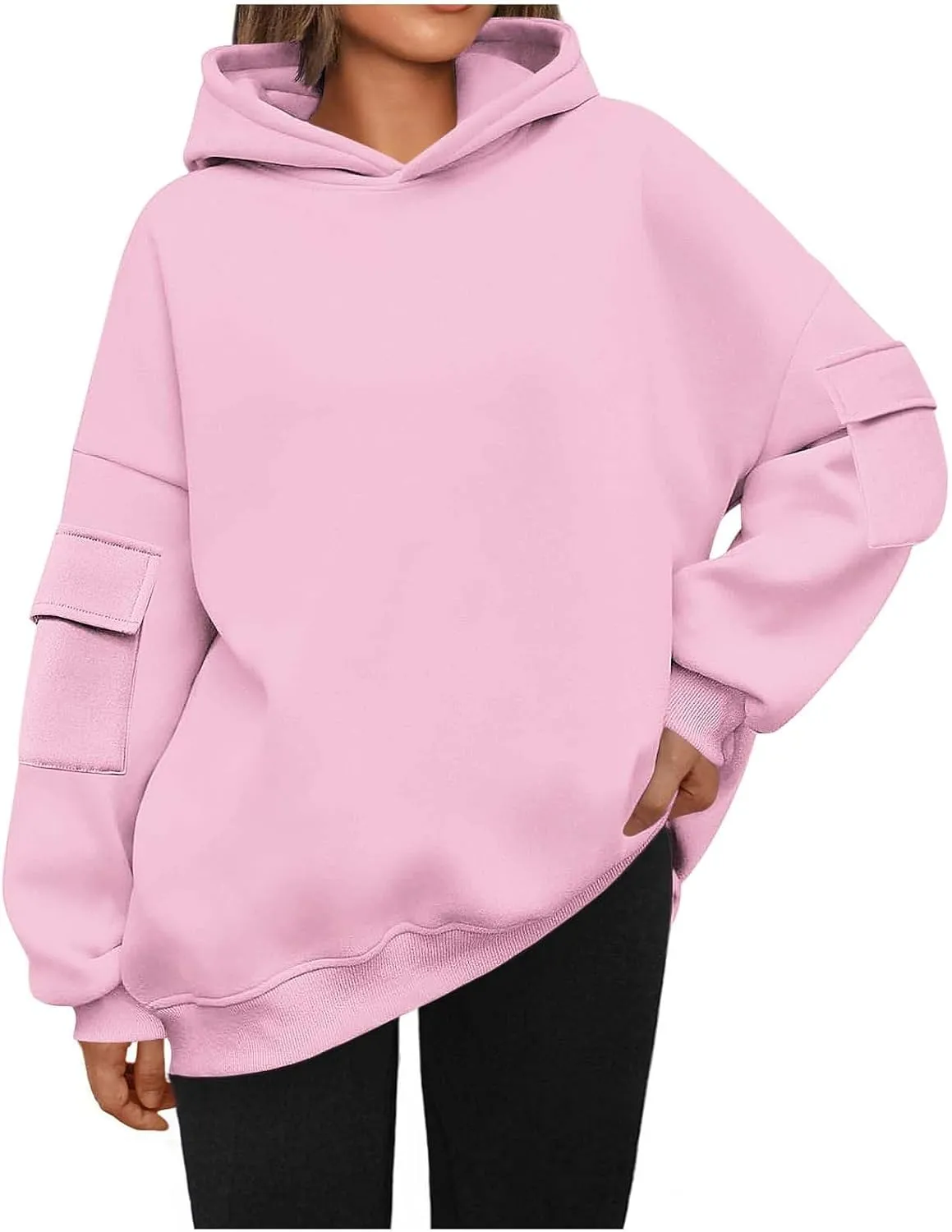Womens Oversized Hoodies Pullover Fleece Long Sleeve Hooded Sweatshirts with Pockets Solid Color Casual Cute Sweaters